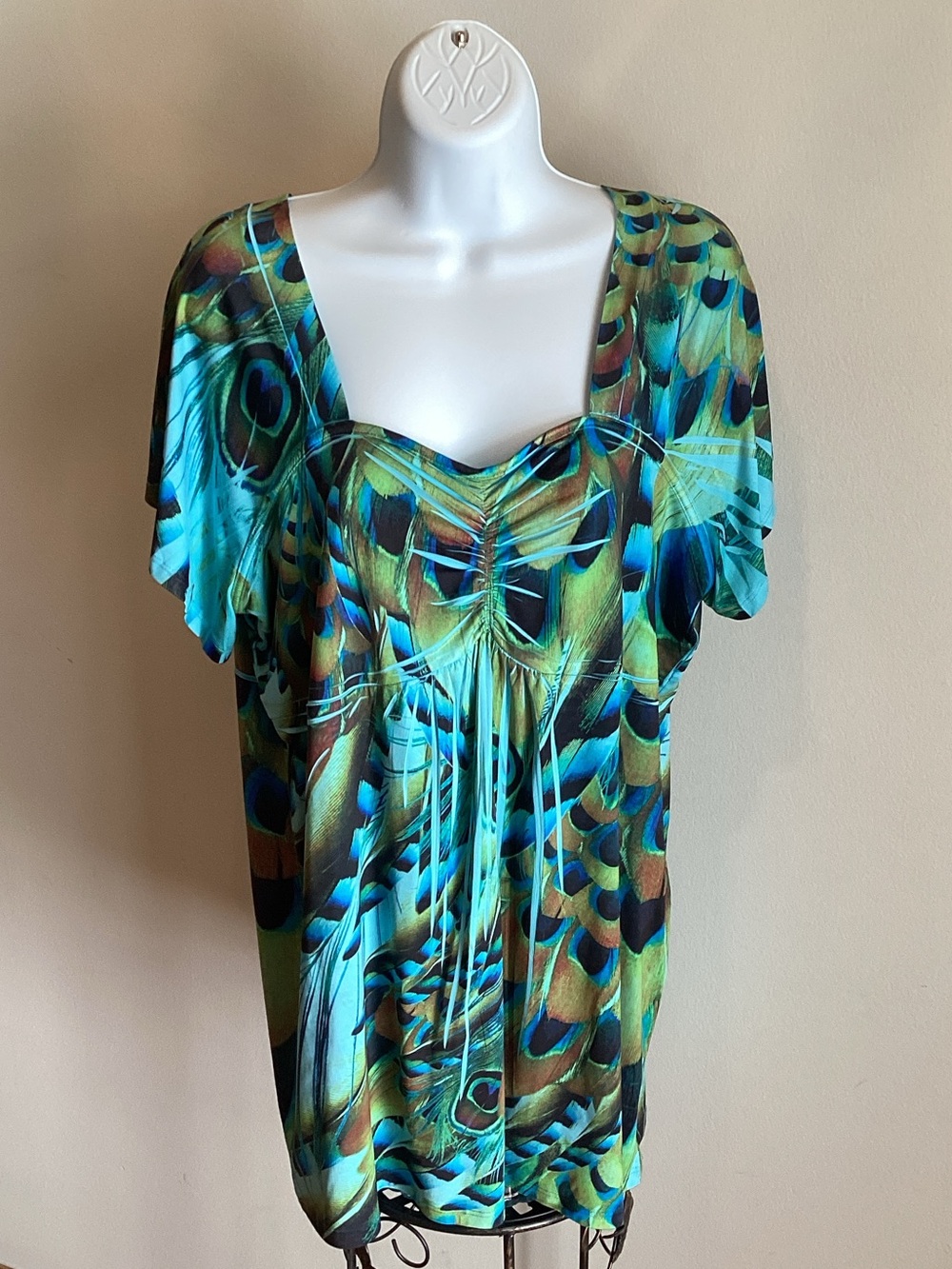 Ruched Peacock-Print Women's Tunic Top *Style & Co